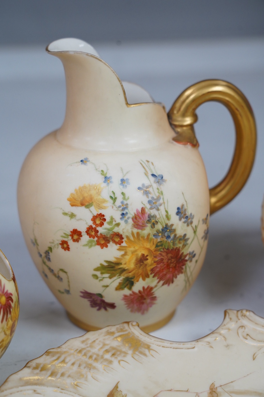 A group of Worcester ivory ground pieces, tallest 18cm (6). Condition - mostly good, largest jug has a small piece of restoration